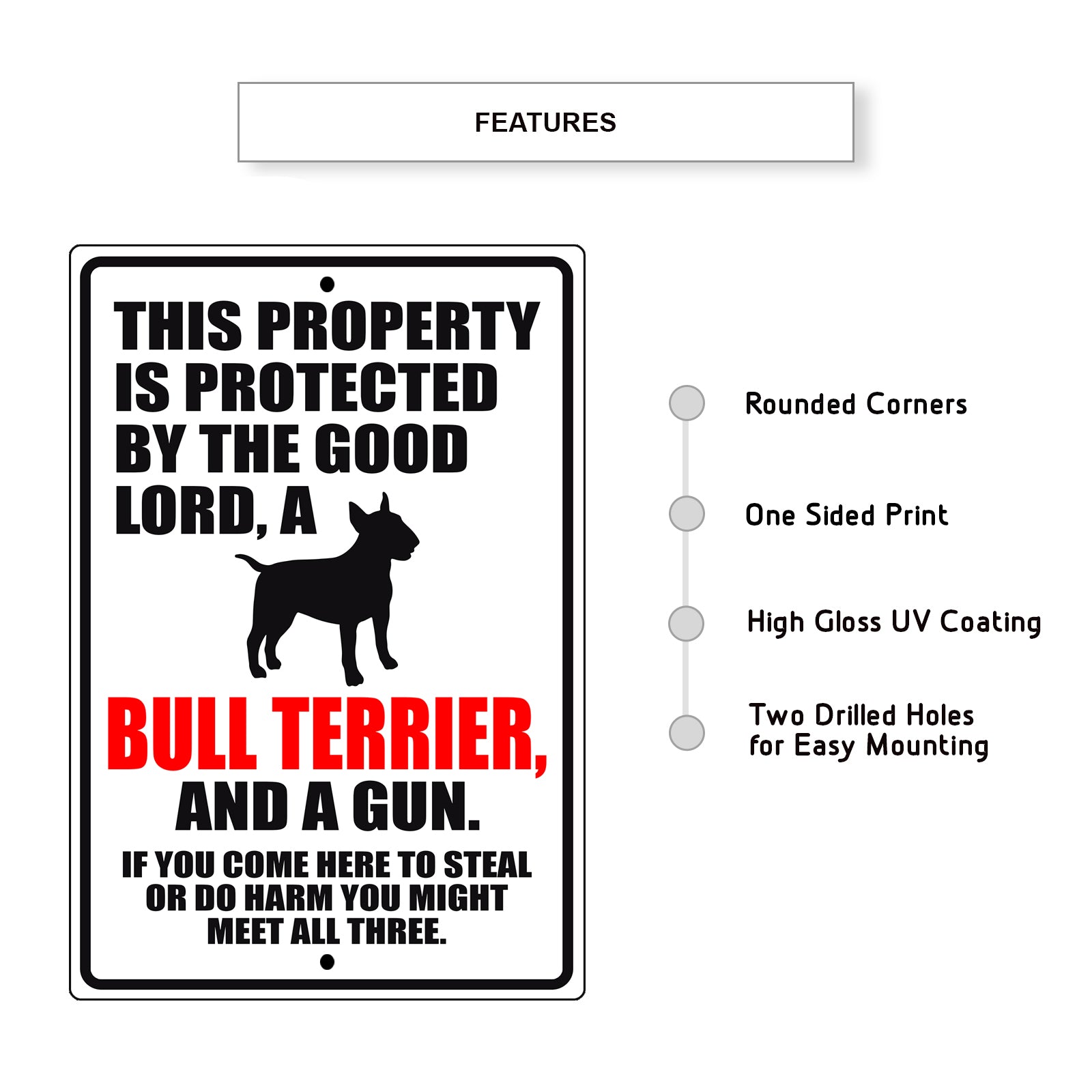 This property is protected by the good lord a bull terrier and a gun aluminum metal sign