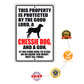 This property is protected by the good lord a chessie dog and a gun aluminum metal sign