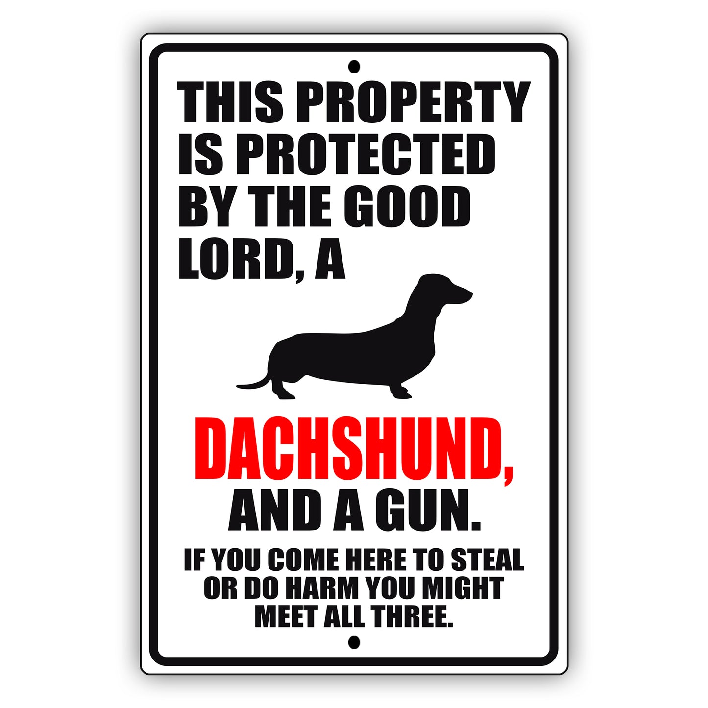 This property is protected by the good lord a dachshund and a gun aluminum metal sign