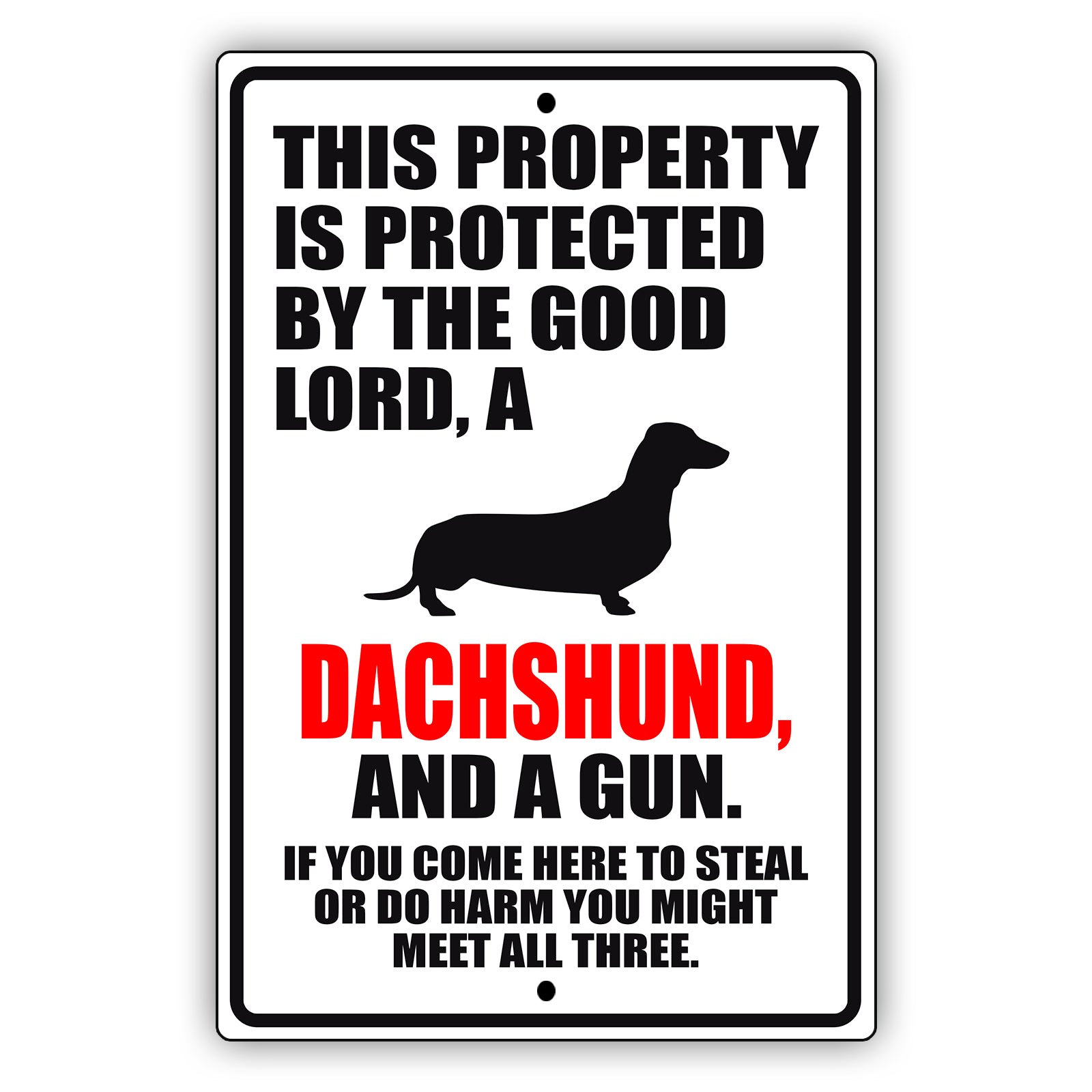 This property is protected by the good lord a dachshund and a gun aluminum metal sign