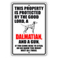 This property is protected by the good lord a dalmatian and a gun aluminum metal sign