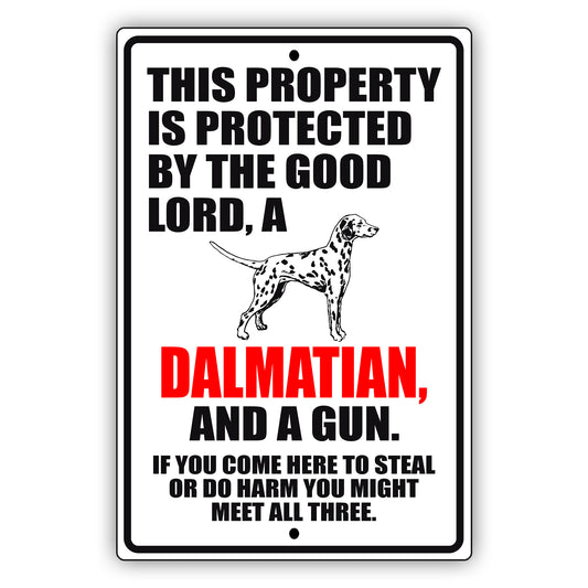This property is protected by the good lord a dalmatian and a gun aluminum metal sign