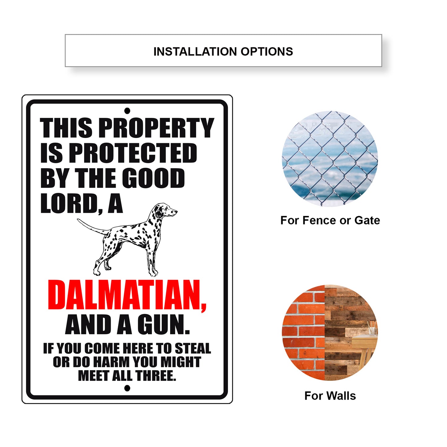This property is protected by the good lord a dalmatian and a gun aluminum metal sign