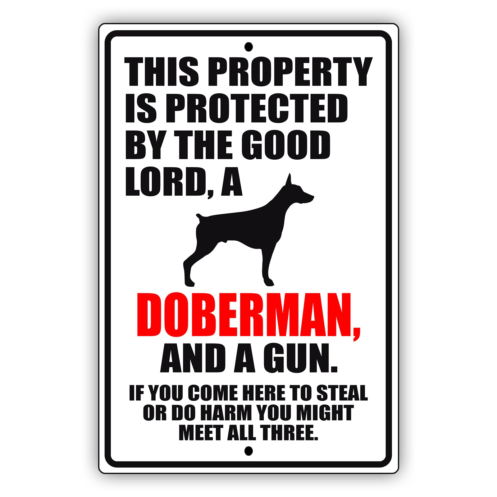 This property is protected by the good lord a doberman and a gun aluminum metal sign