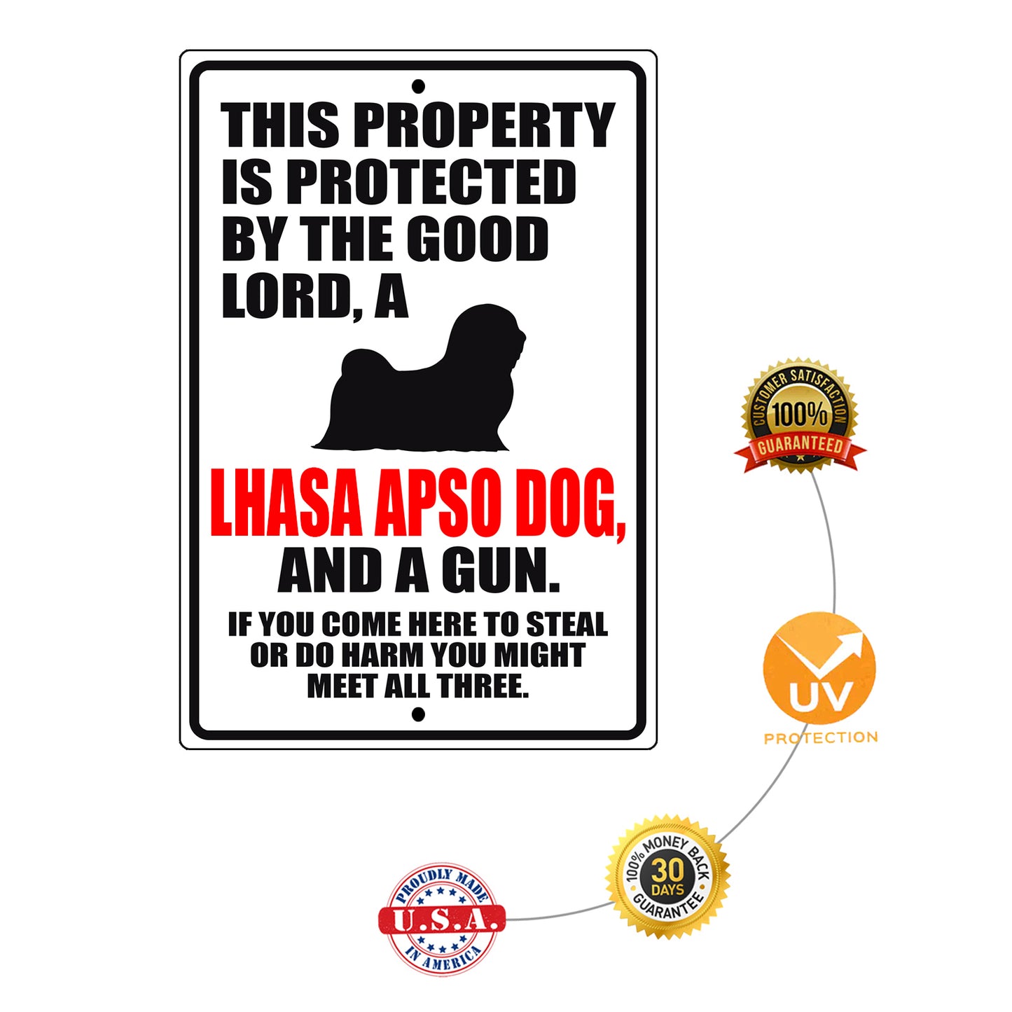 This property is protected by the good lord a lhasa apso dog and a gun aluminum metal sign