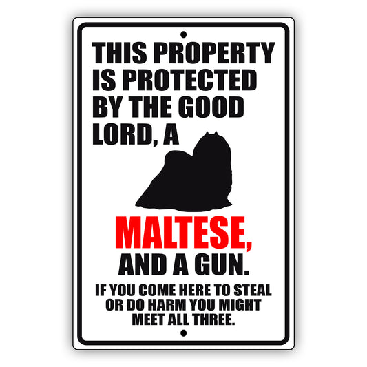 This property is protected by the good lord a maltese and a gun aluminum metal sign
