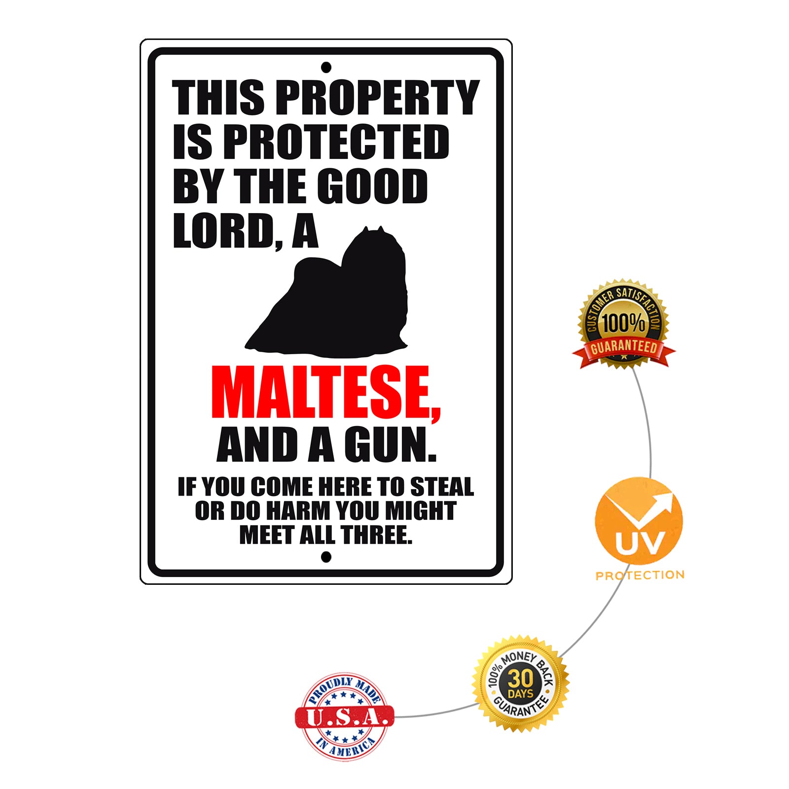 This property is protected by the good lord a maltese and a gun aluminum metal sign