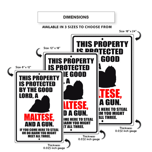This property is protected by the good lord a maltese and a gun aluminum metal sign