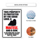 This property is protected by the good lord a maltese and a gun aluminum metal sign