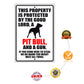 This property is protected by the good lord a pit bull and a gun aluminum metal sign