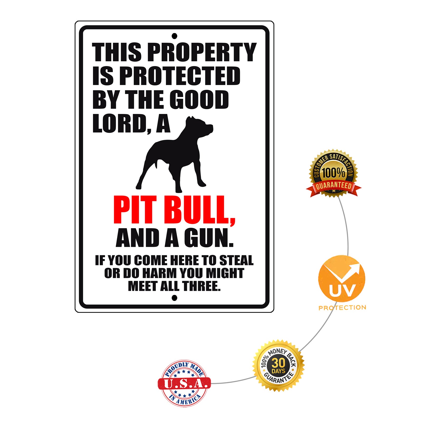 This property is protected by the good lord a pit bull and a gun aluminum metal sign