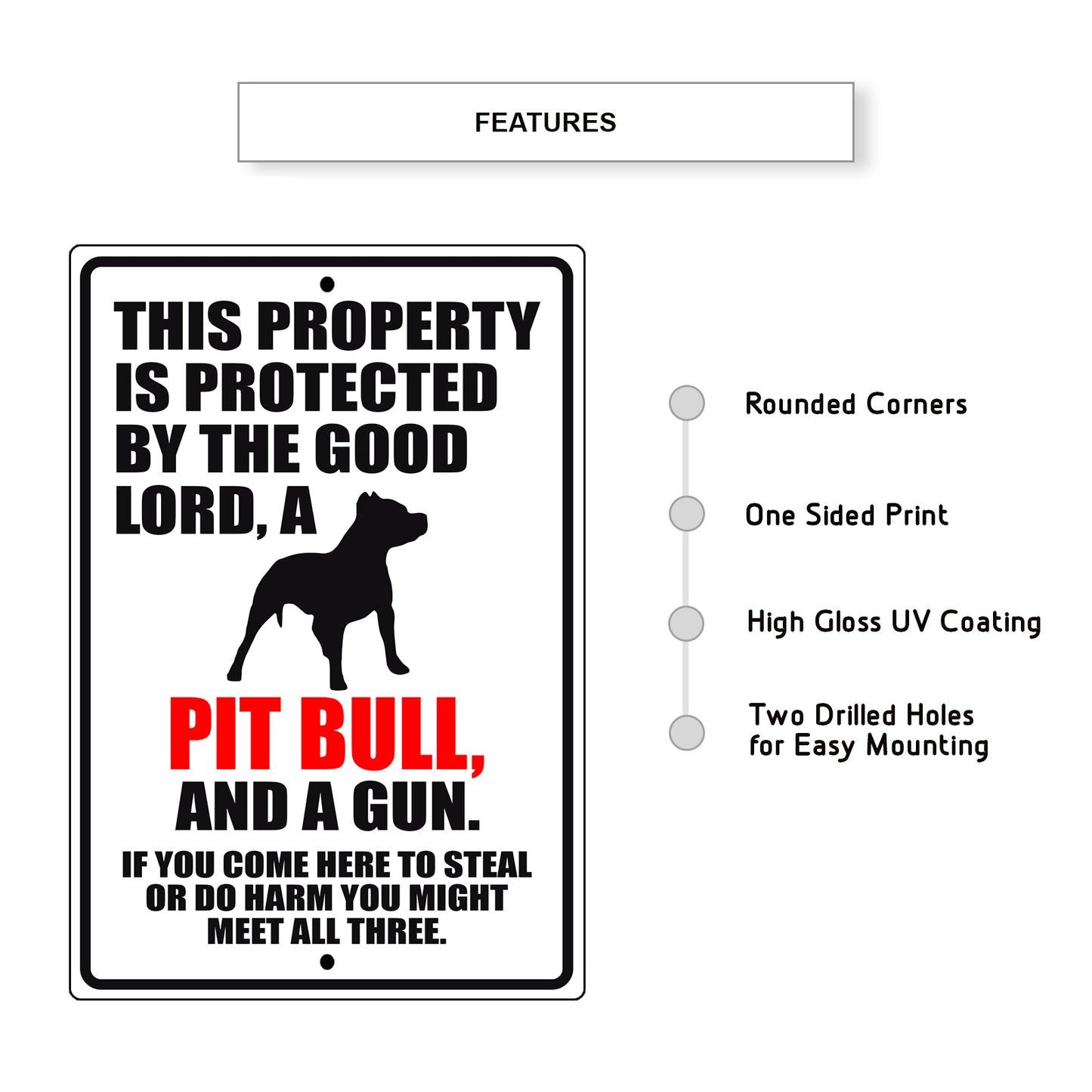 This property is protected by the good lord a pit bull and a gun aluminum metal sign