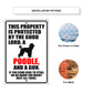 This property is protected by the good lord a poodle and a gun aluminum metal sign