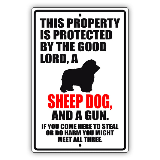 This property is protected by the good lord a sheep dog and a gun aluminum metal sign