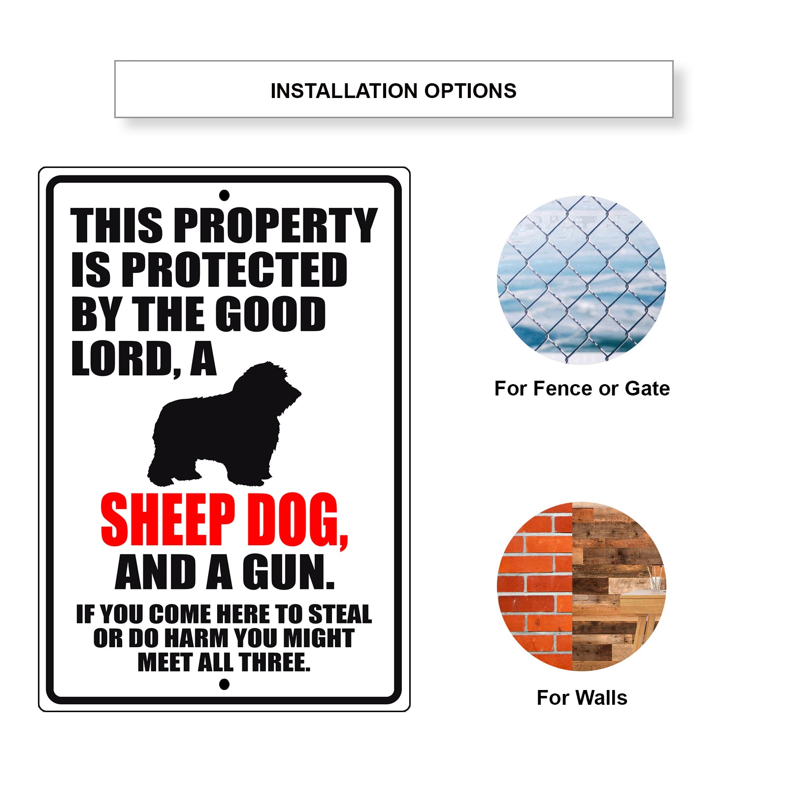 This property is protected by the good lord a sheep dog and a gun aluminum metal sign