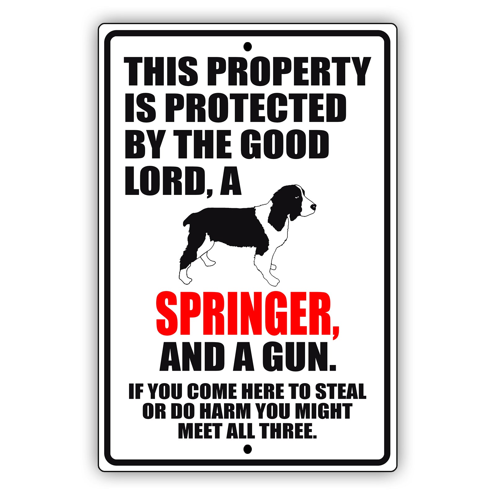 This property is protected by the good lord a springer and a gun aluminum metal sign