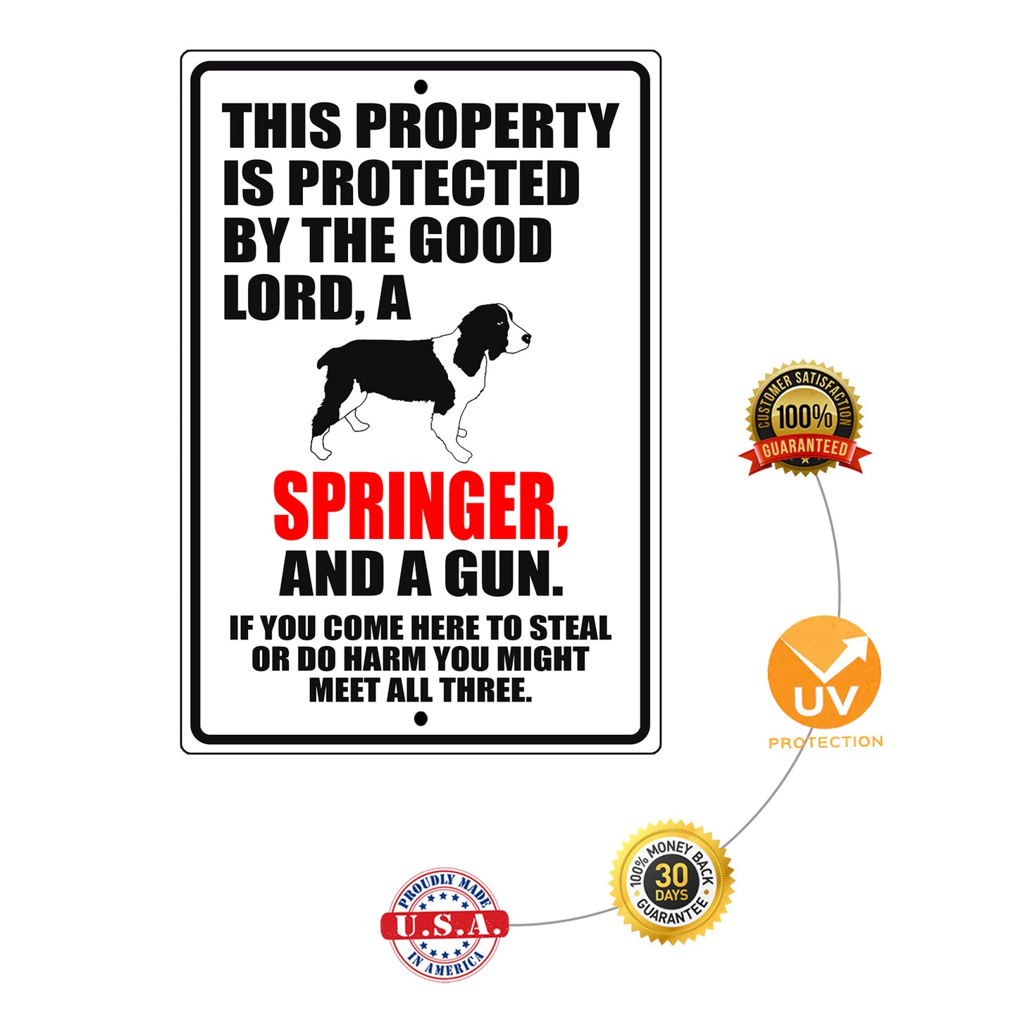 This property is protected by the good lord a springer and a gun aluminum metal sign