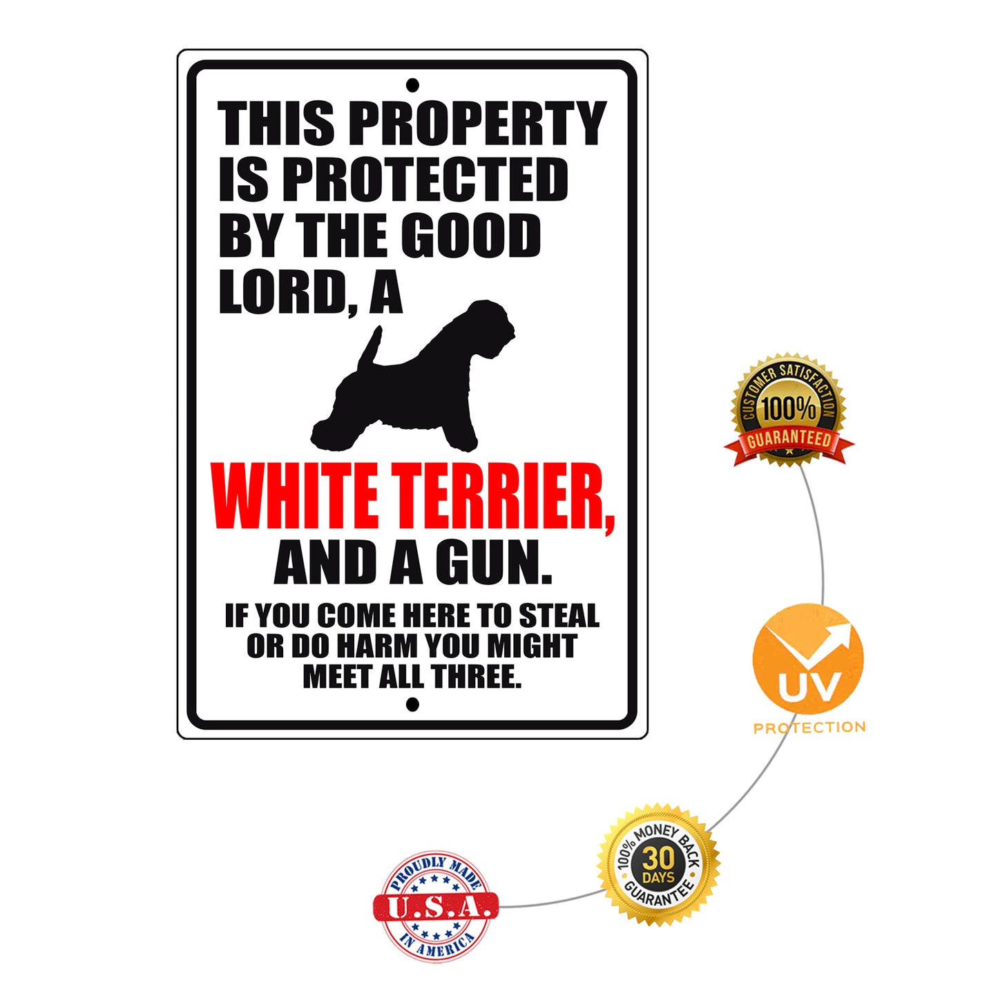 This property is protected by the good lord a white terrier and a gun aluminum metal sign