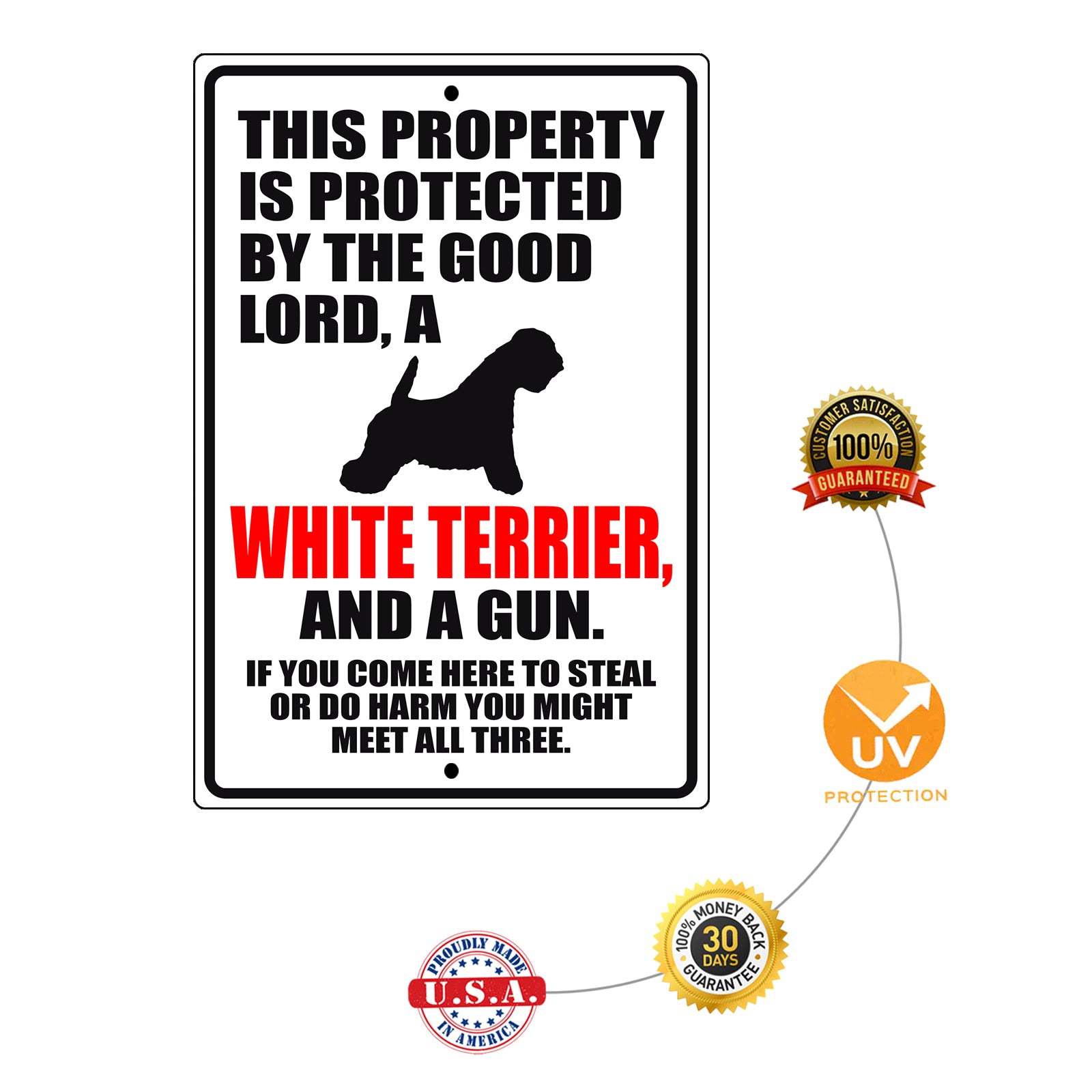 This property is protected by the good lord a white terrier and a gun aluminum metal sign