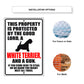 This property is protected by the good lord a white terrier and a gun aluminum metal sign
