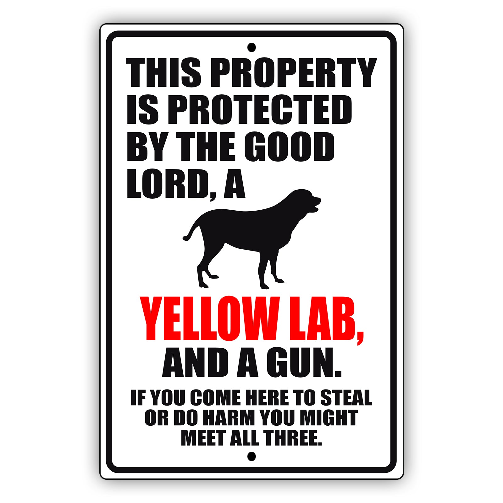 This property is protected by the good lord a yellow lab and a gun aluminum metal sign