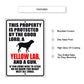 This property is protected by the good lord a yellow lab and a gun aluminum metal sign