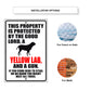 This property is protected by the good lord a yellow lab and a gun aluminum metal sign