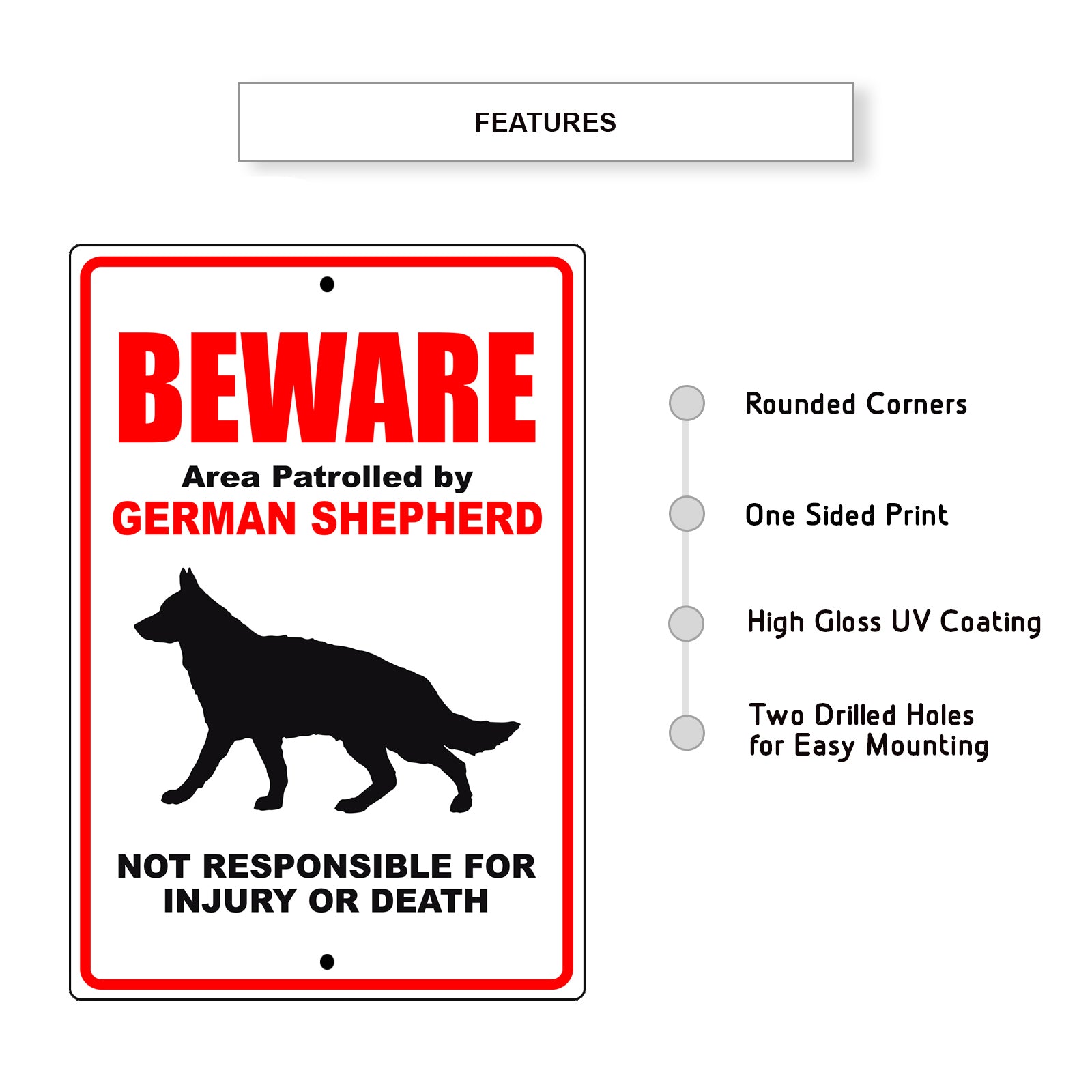 Beware area patrolled by german shepherd aluminum metal sign