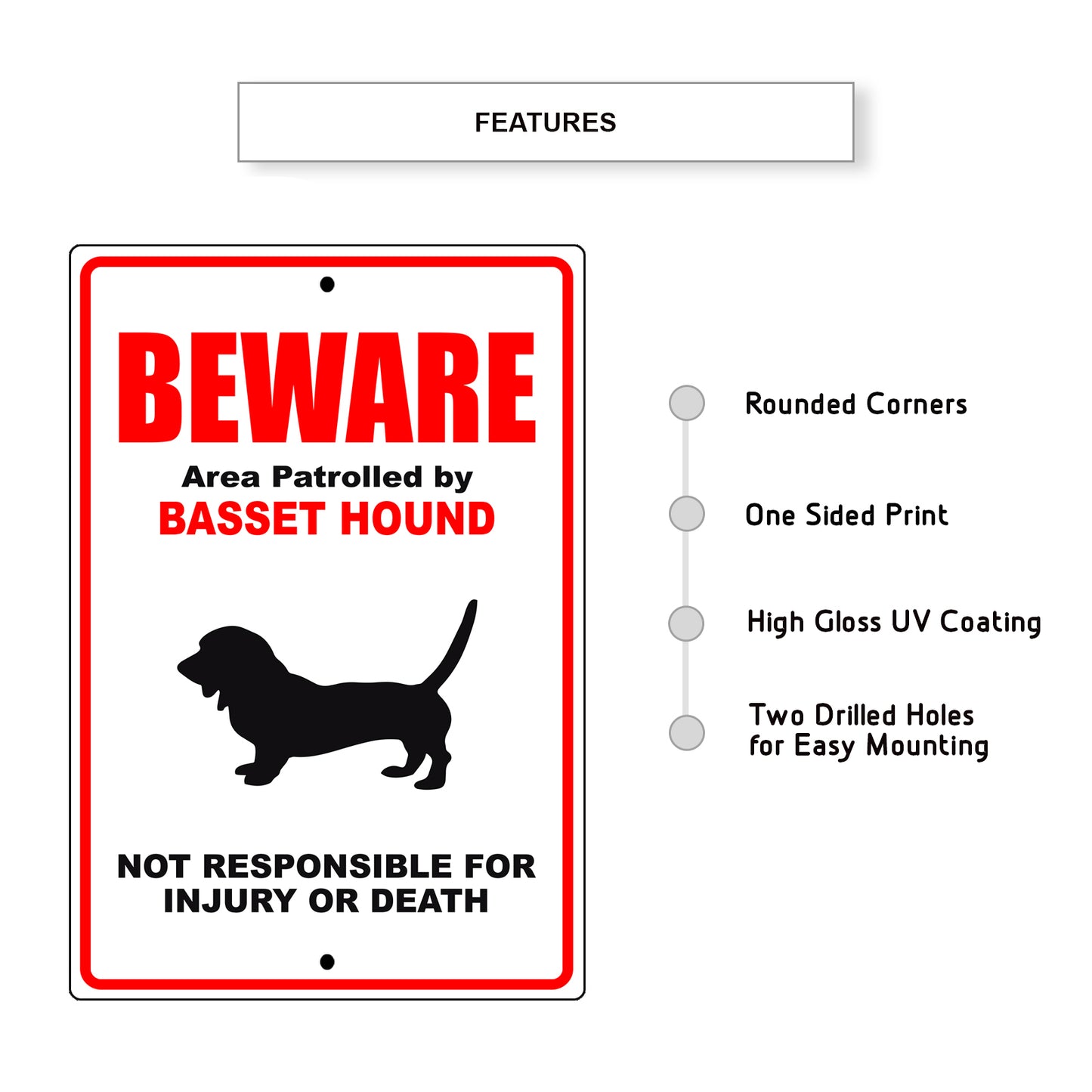 Beware area patrolled by basset hound aluminum metal sign
