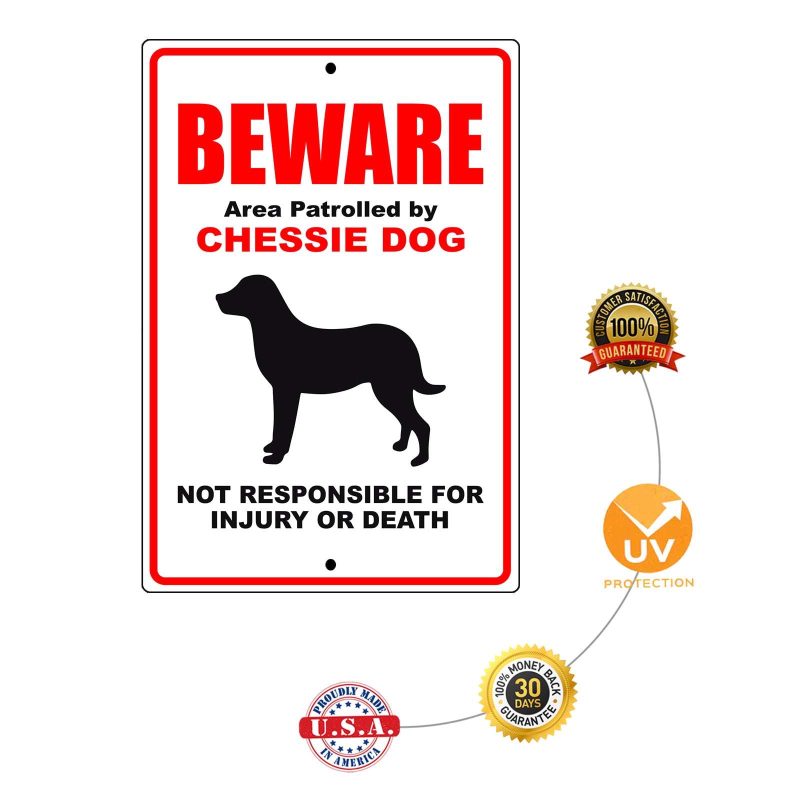 Beware area patrolled by chessie dog aluminum metal sign
