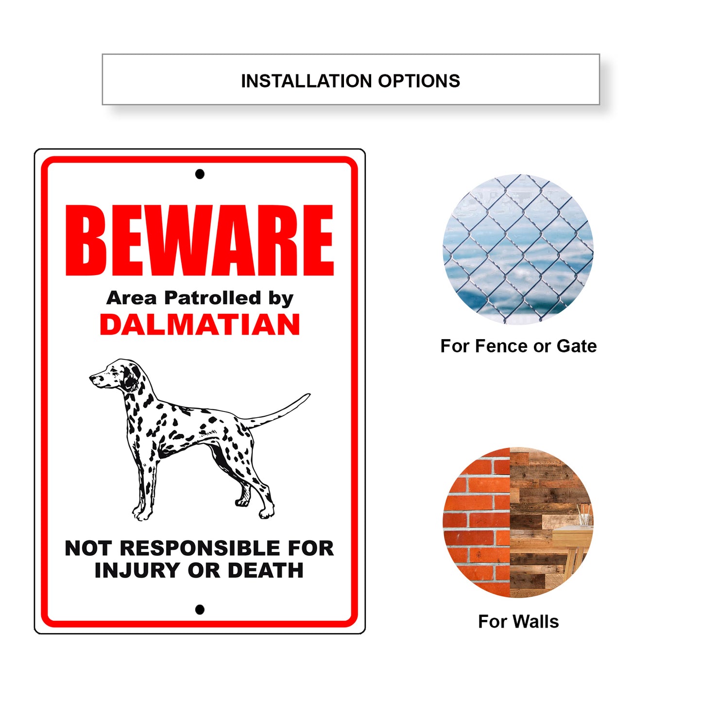 Beware area patrolled by dalmatian aluminum metal sign