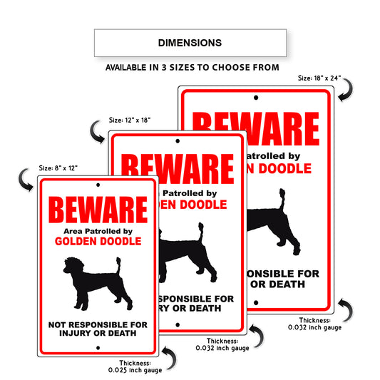 Beware area patrolled by golden doodle aluminum metal sign