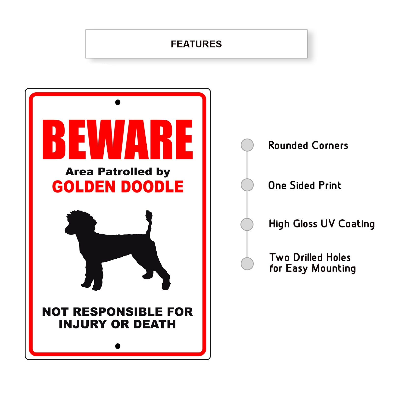 Beware area patrolled by golden doodle aluminum metal sign