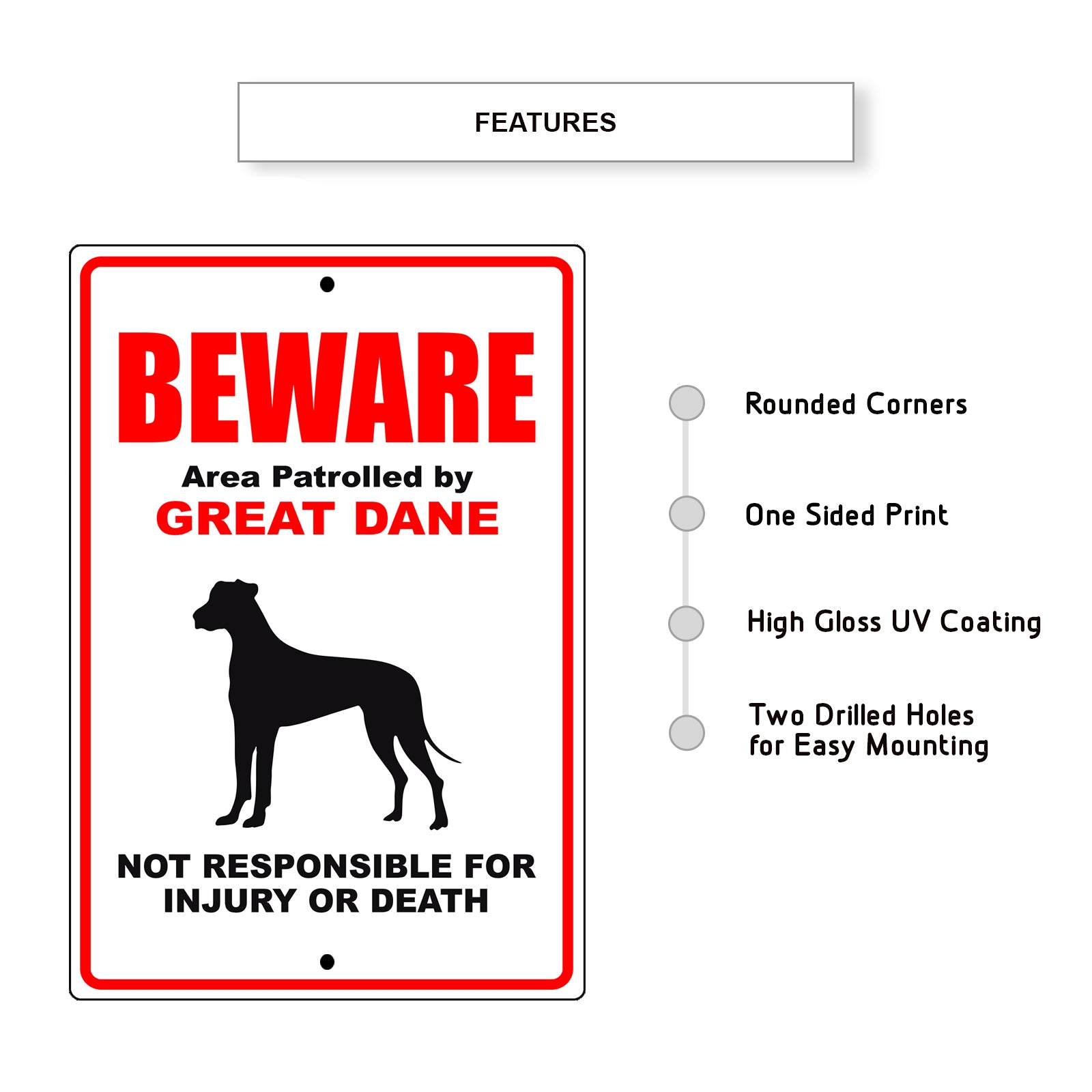 Beware area patrolled by great dane aluminum metal sign