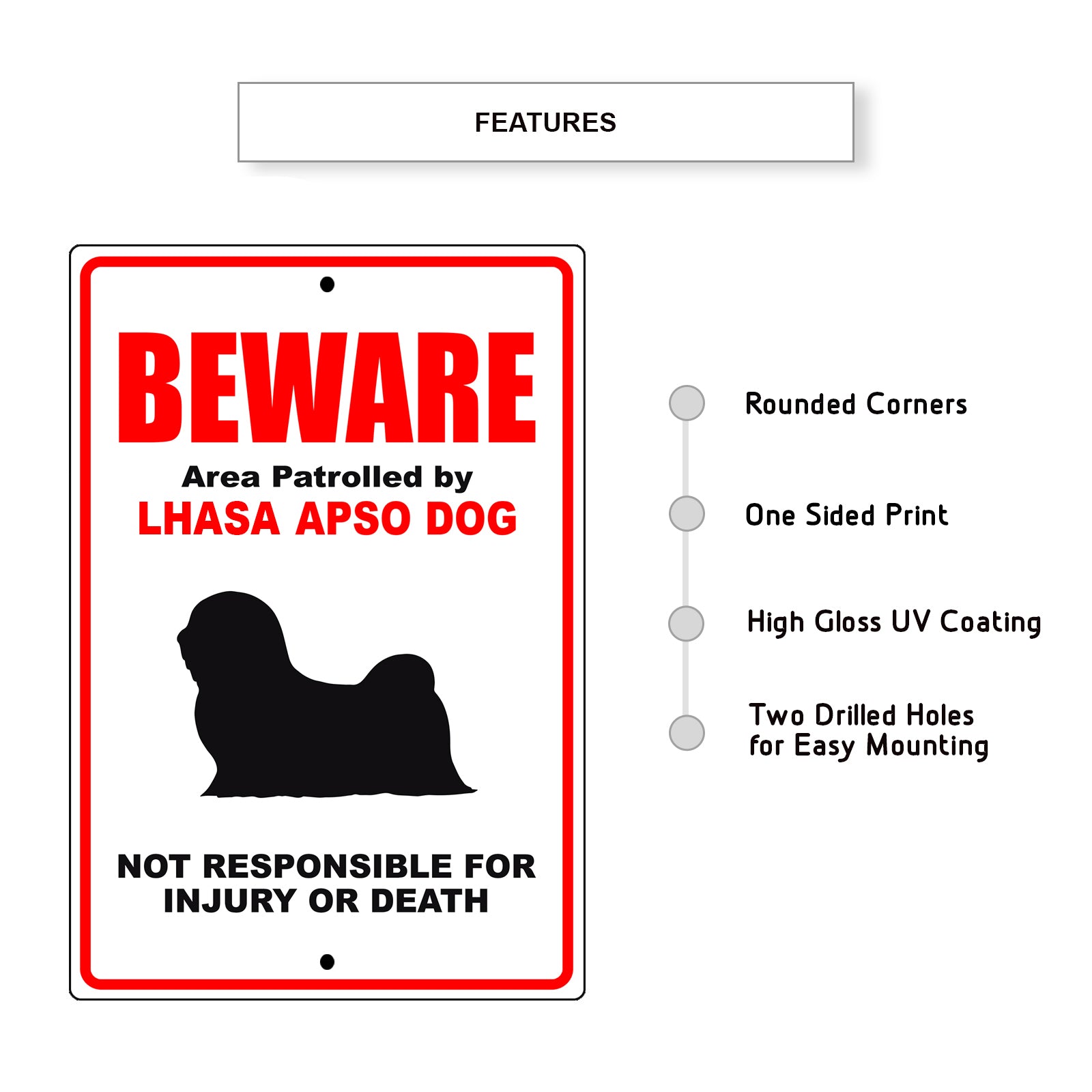 Beware area patrolled by lhasa apso dog aluminum metal sign