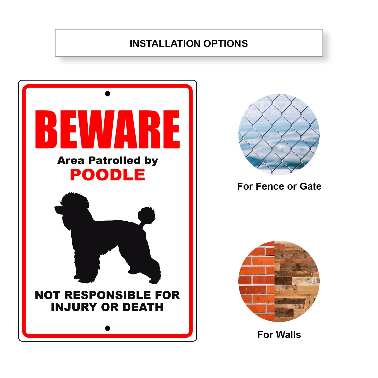Beware area patrolled by poodle aluminum metal sign