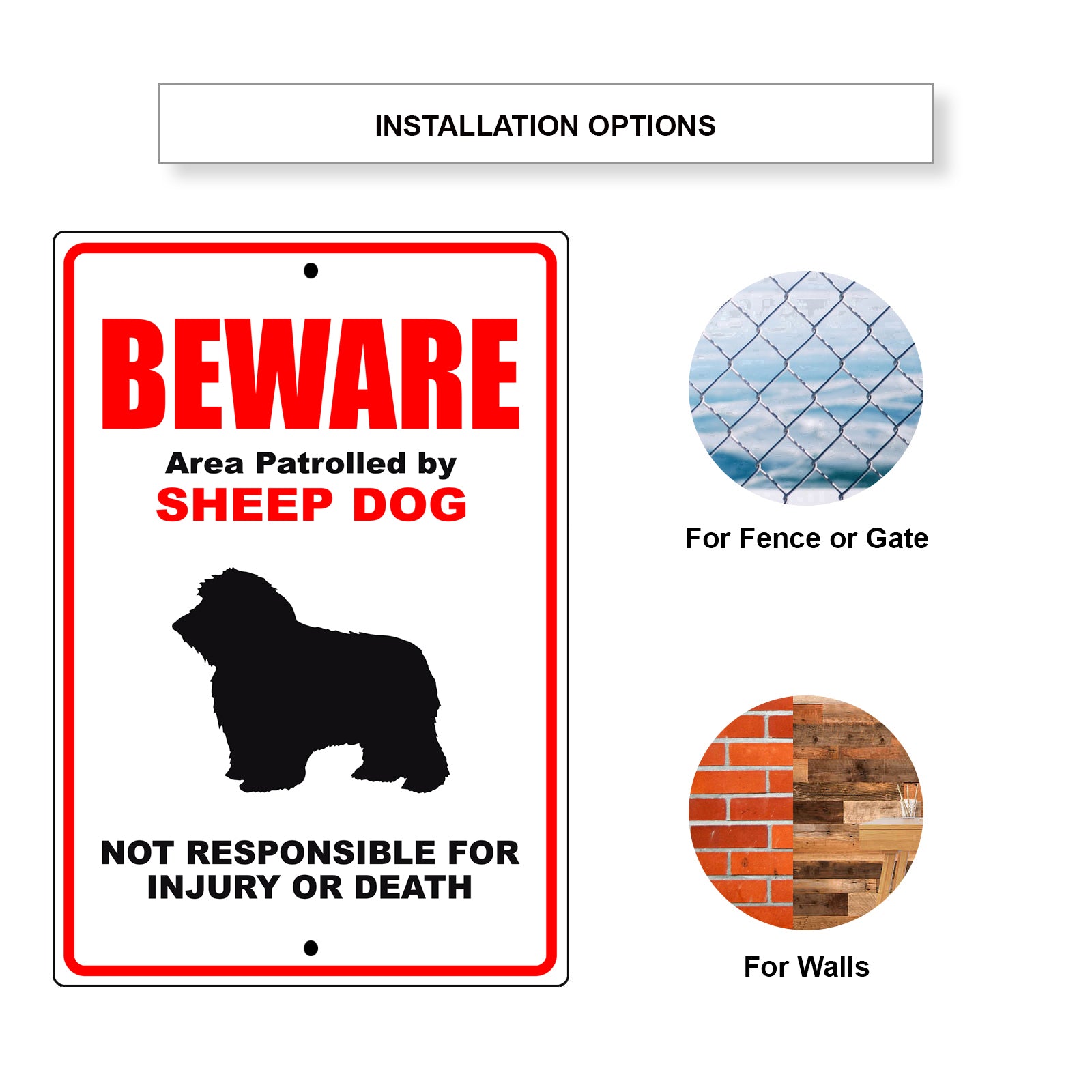Beware area patrolled by sheep dog aluminum metal sign
