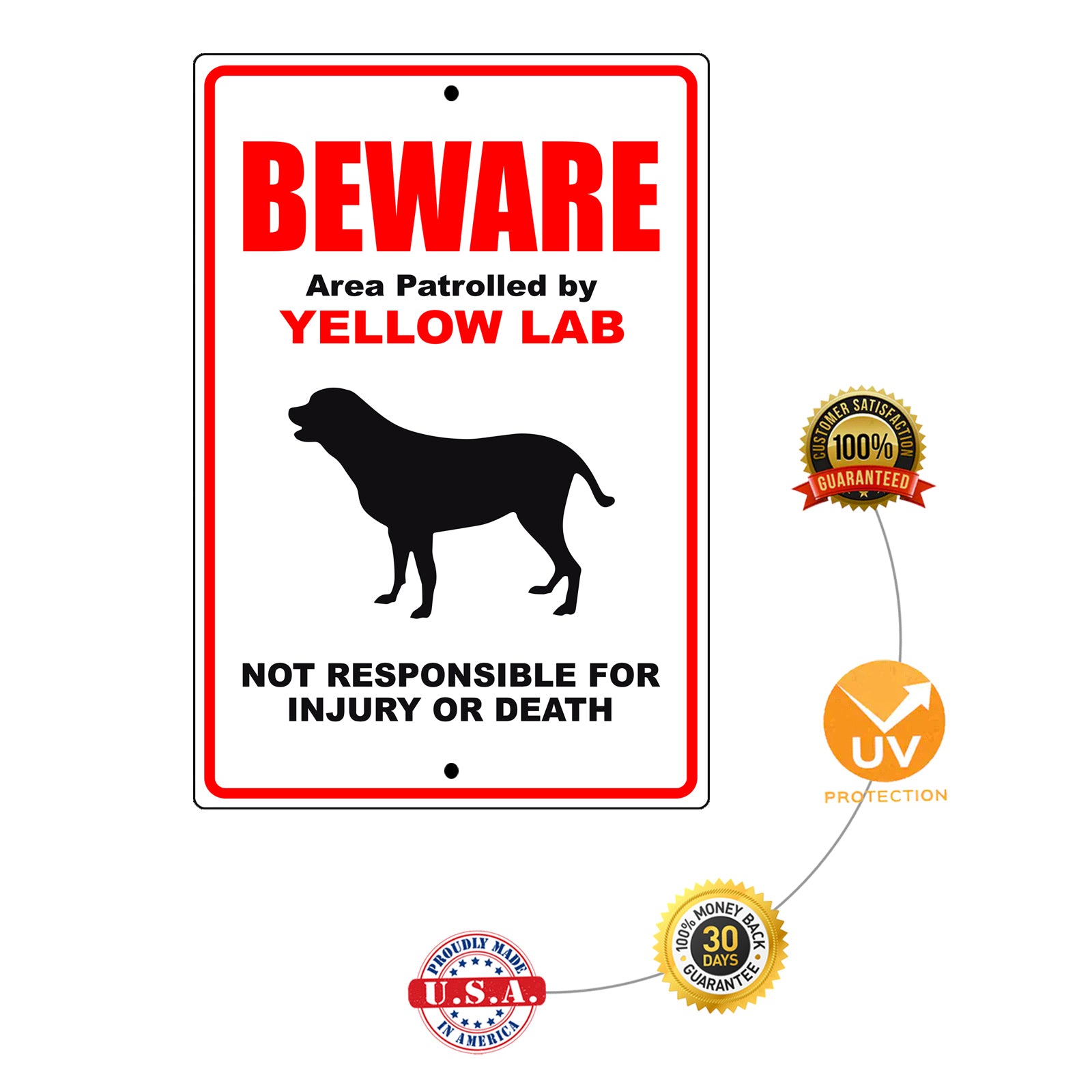 Beware area patrolled by yellow lab aluminum metal sign