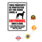 This property is protected by the good lord, a greyhounds, and a gun aluminum metal sign