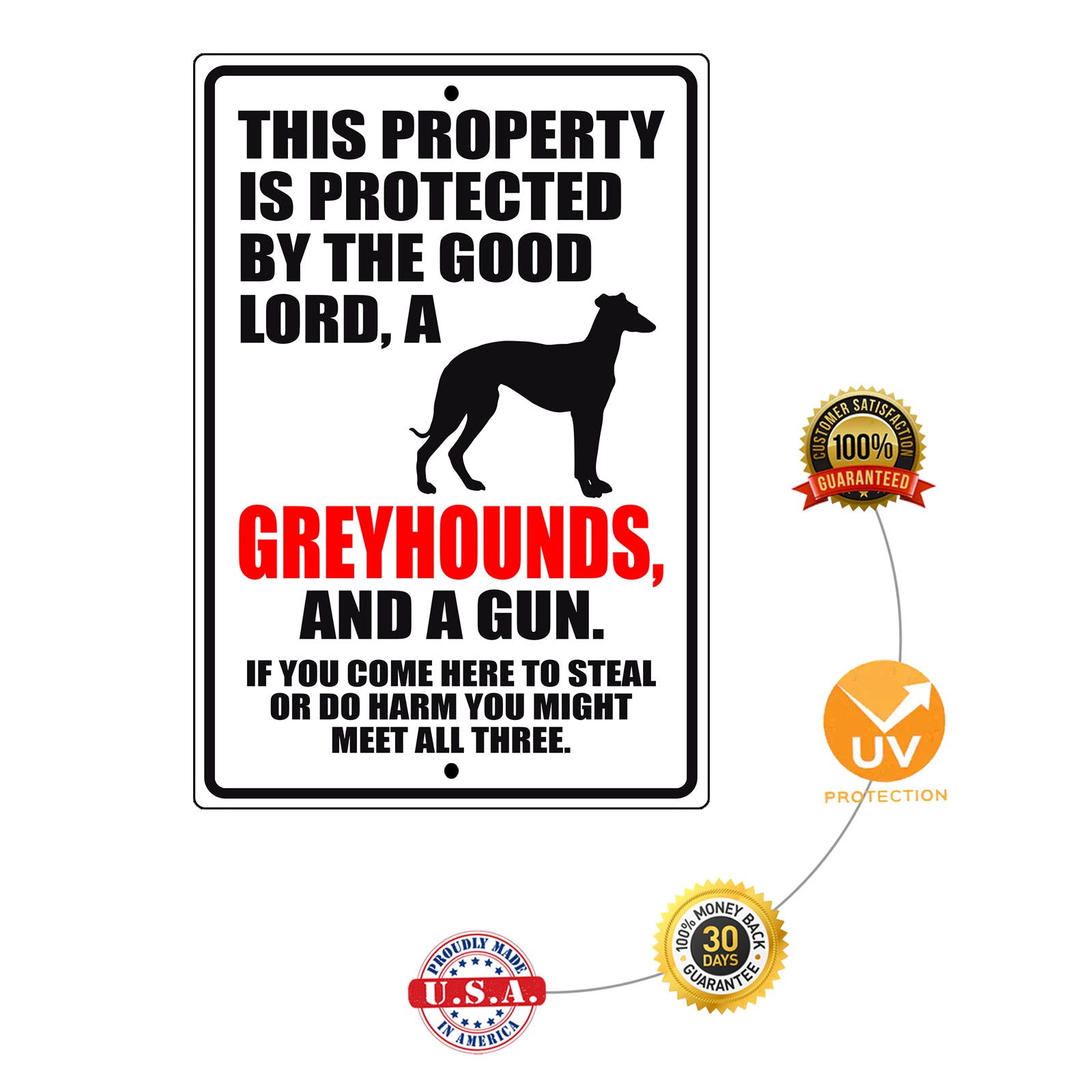 This property is protected by the good lord, a greyhounds, and a gun aluminum metal sign