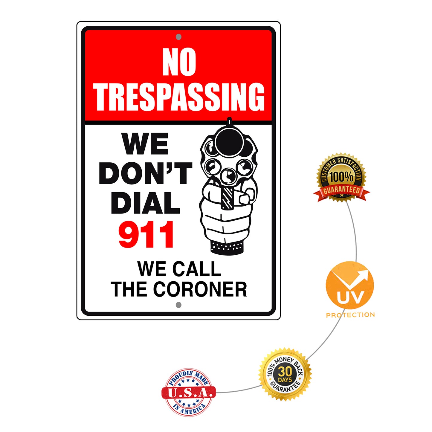 No trespassing we don't dial 911 we call the coroner aluminum metal sign