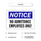 Notice No Admittance Employees Only Aluminum Metal Sign
