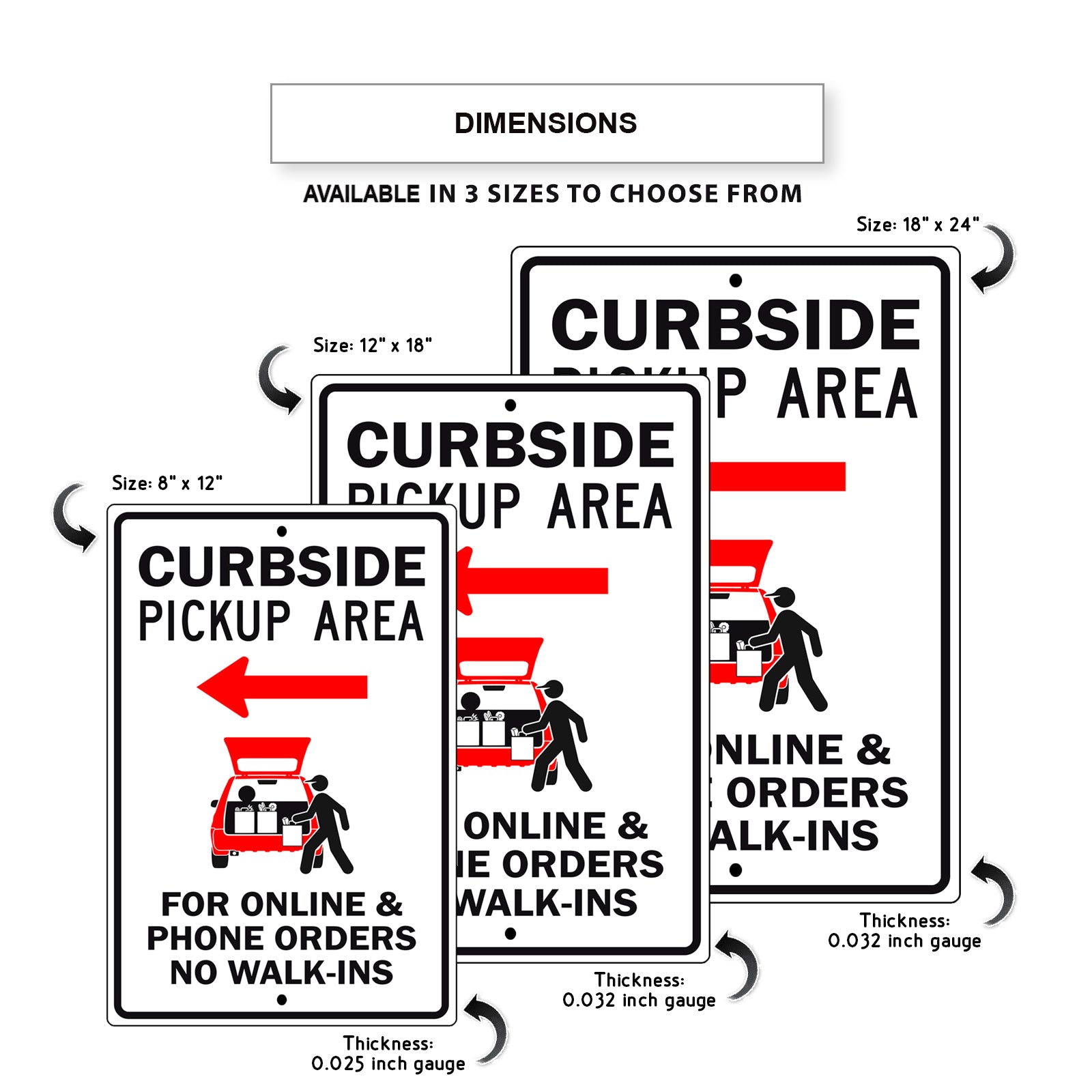 Curbside Pick Up Left Right Arrow For Online And Phone Orders No Walk-Ins Aluminum Metal Sign