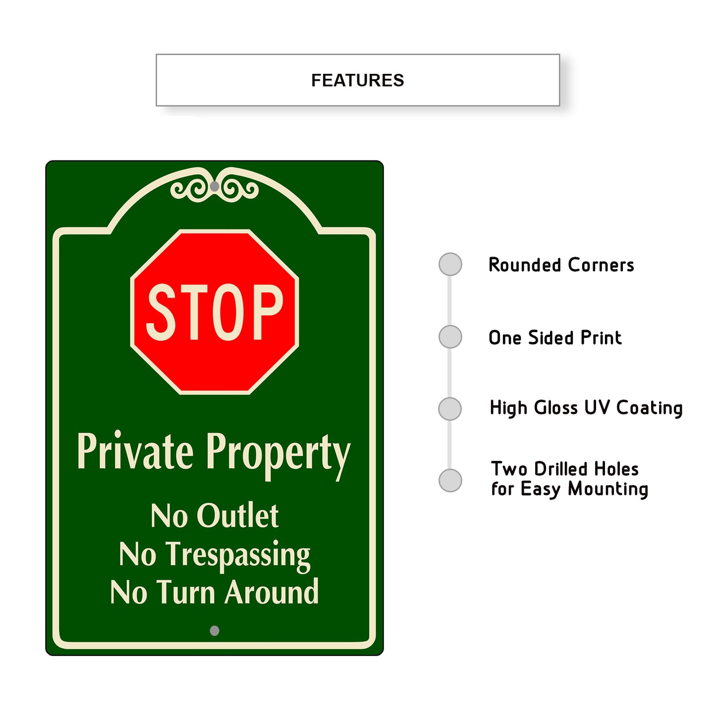 Stop Private Property No Outlet No Trespassing No Turn Around Aluminum Metal Sign