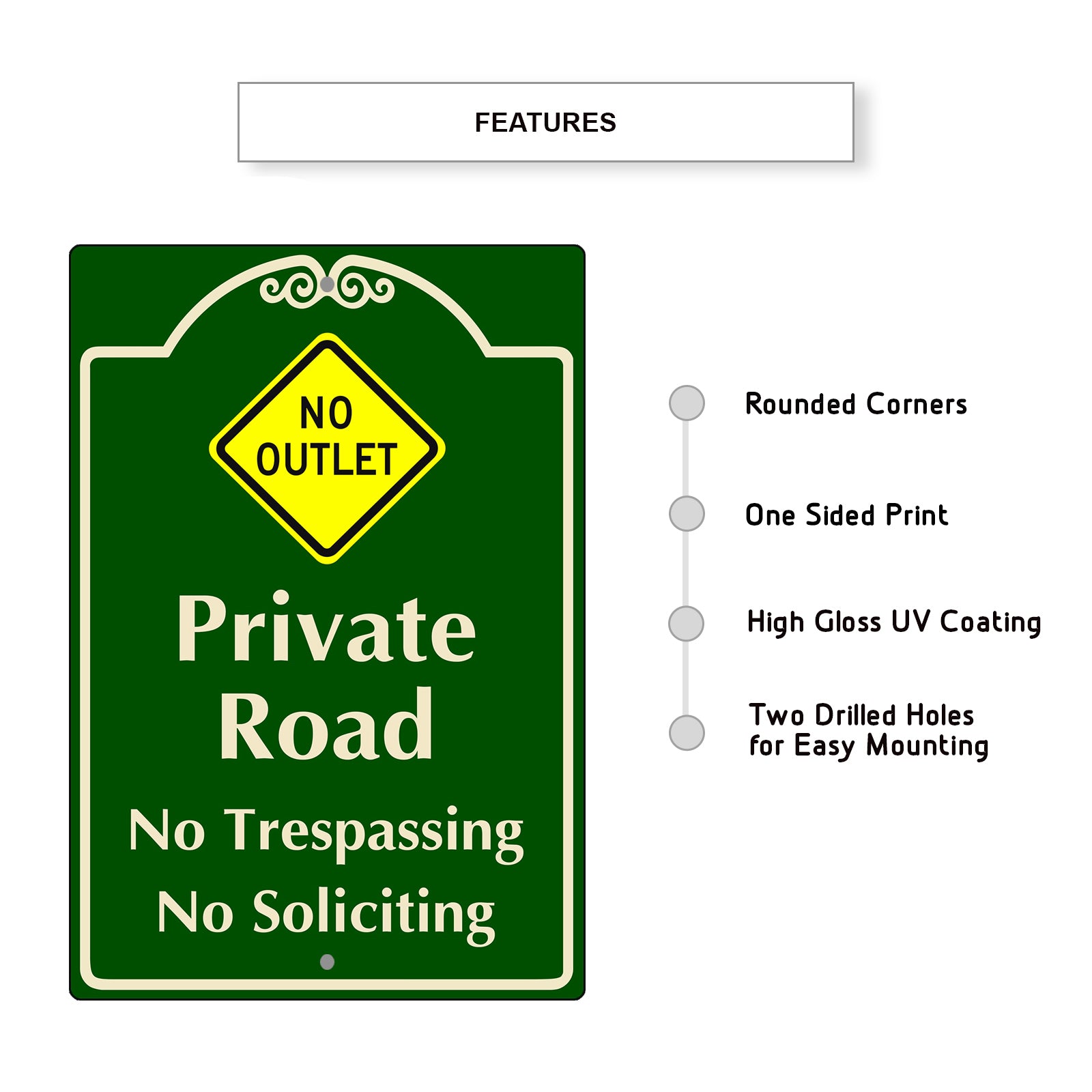 No Outlet Private Road No Trespassing No Soliciting Aluminum Sign 