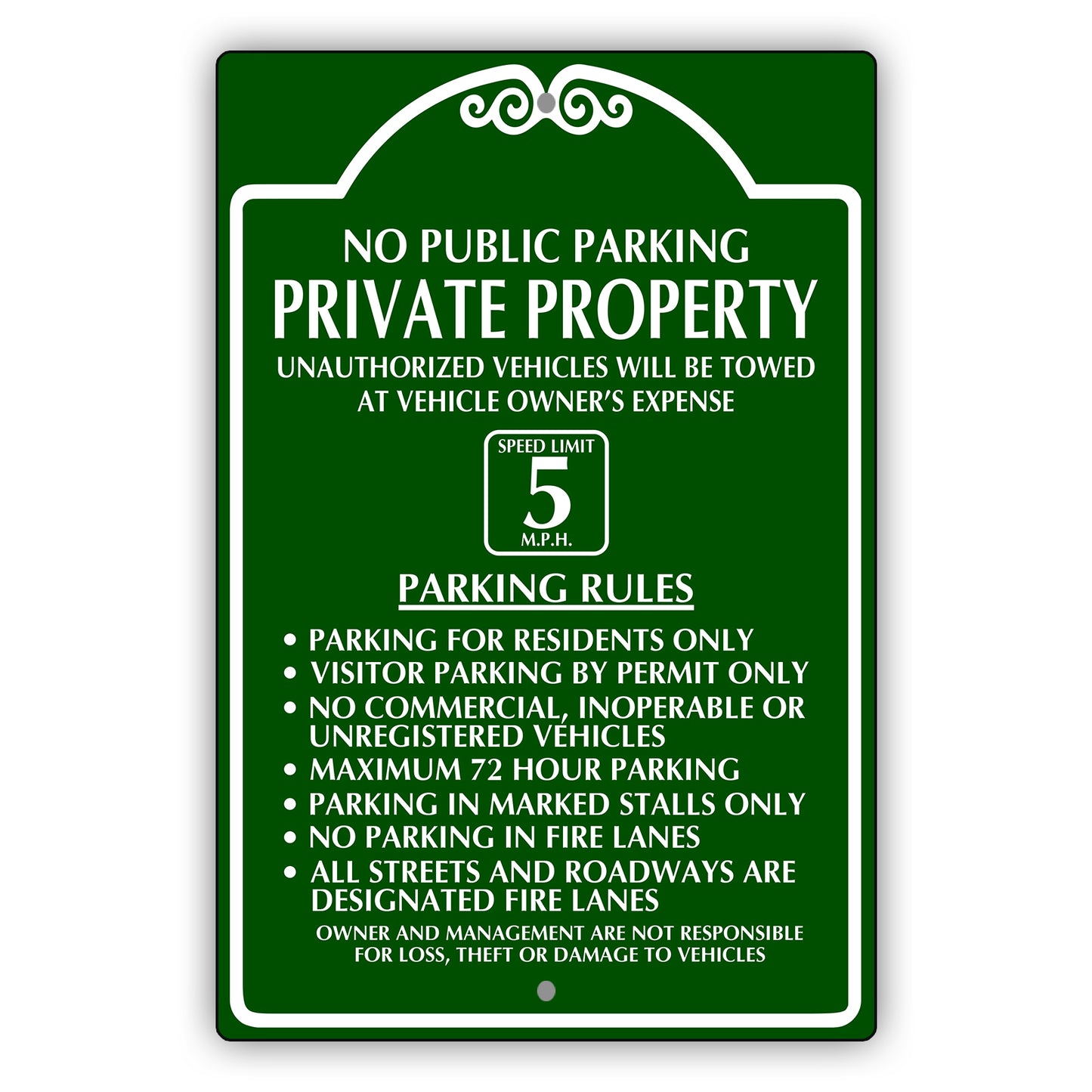 Private Property Speed Limit 5 M.P.H Aluminum Metal Plate Sign (Green)