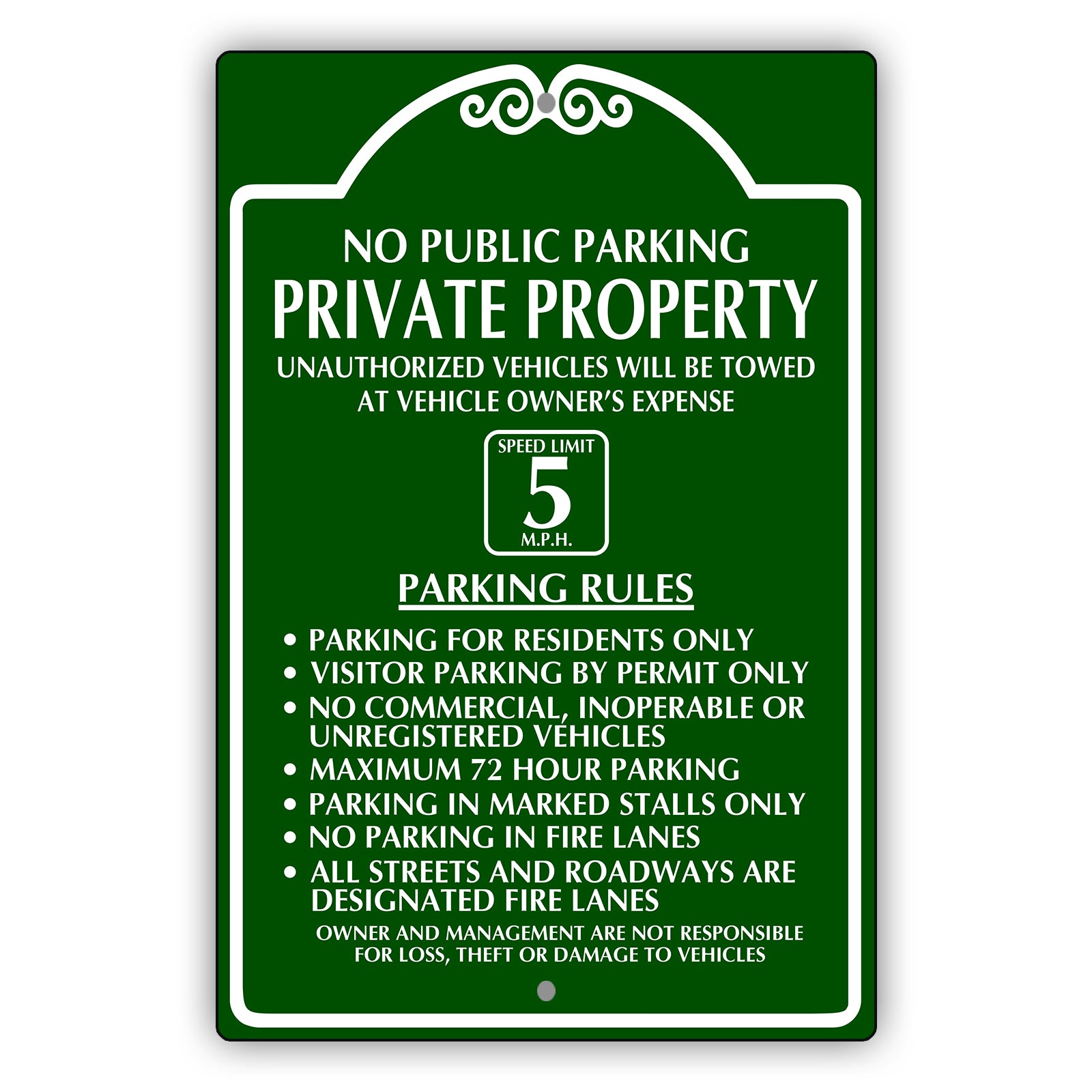 Private Property Speed Limit 5 M.P.H Aluminum Metal Plate Sign (Green)