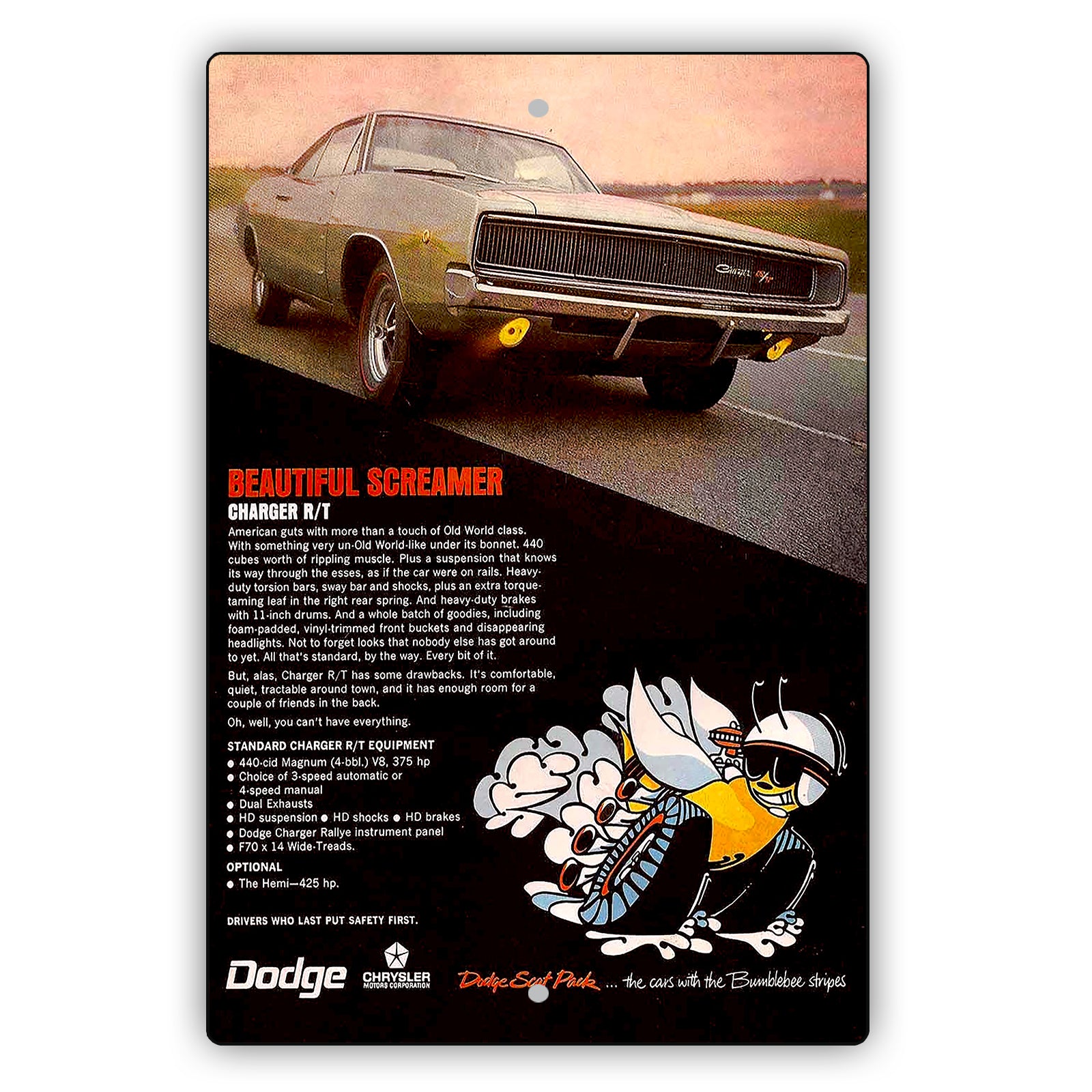 1968 Dodge Charger RT- Beautiful Screamer Aluminum Metal Sign