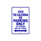 1970 The California Kid Car Parking Only All Others Will Be Towed Metal Sign Plate
