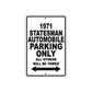 1971 Stateman Automobile Car Parking Only All Others Will Be Towed Aluminum Sign 
